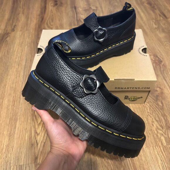 DR MARTENS ADDINA FLOWER BUCKLE black leather platform shoes women's 8 new - Picture 2 of 6